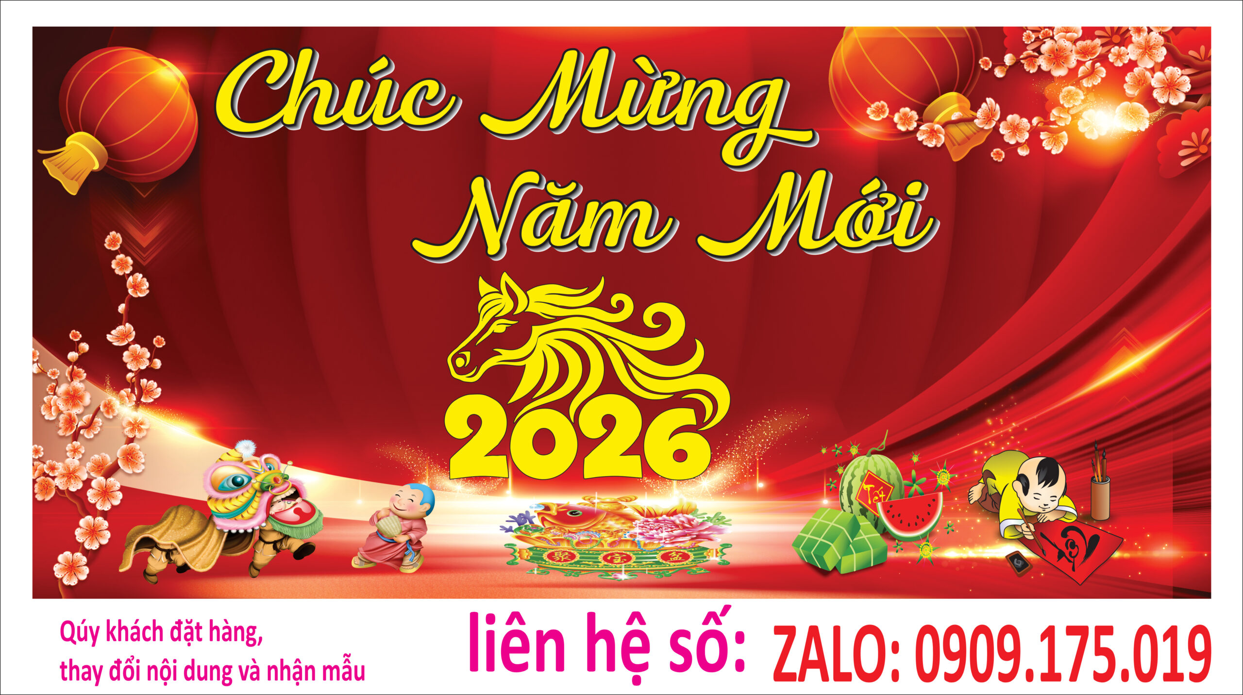 In bạt phông Tết 2026 nền đỏ chúc mừng năm mới mẫu 2