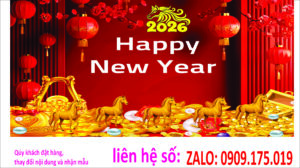Banner Happy New Year 2026 nền đỏ pháo hoa