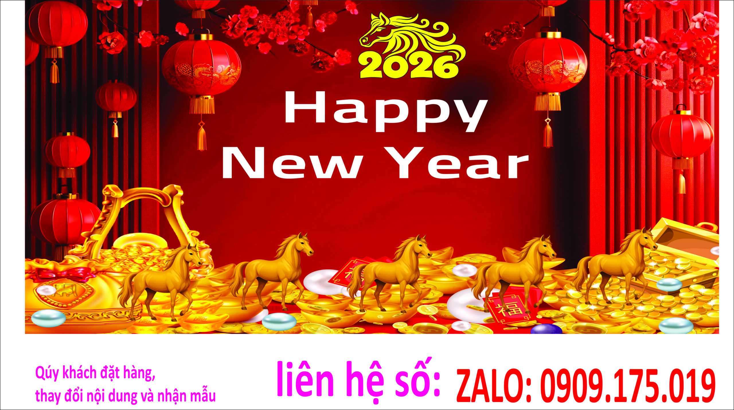 Banner Happy New Year 2026 nền đỏ pháo hoa