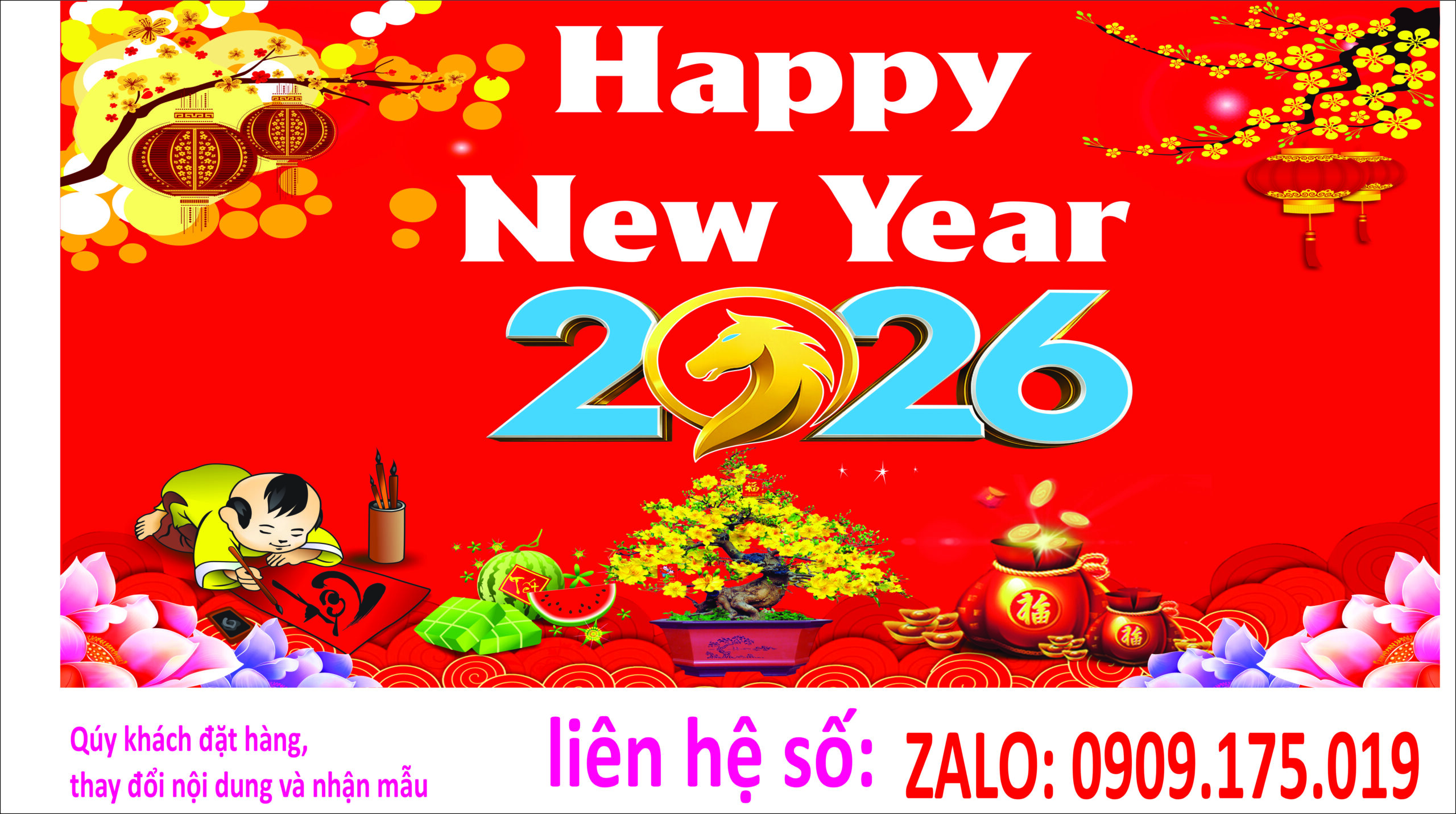 Banner Happy New Year 2026 vàng đỏ tết mẫu 4