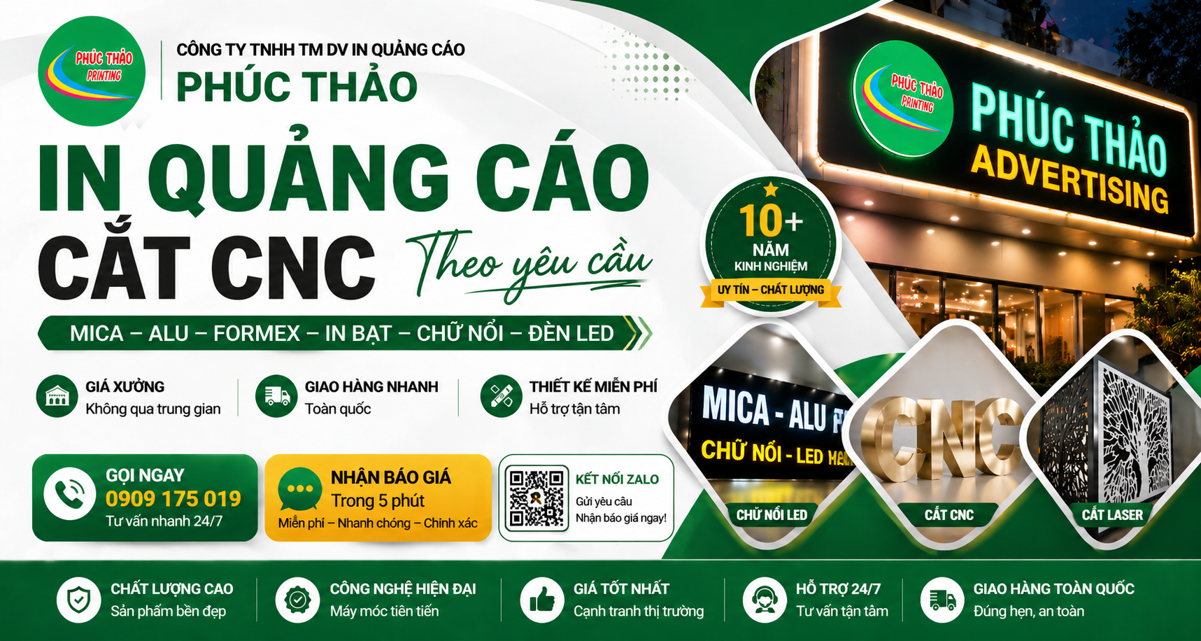 In quảng cáo cắt CNC theo yêu cầu, gia công mica alu formex, giá xưởng, giao nhanh, thiết kế miễn phí tại Phúc Thảo.