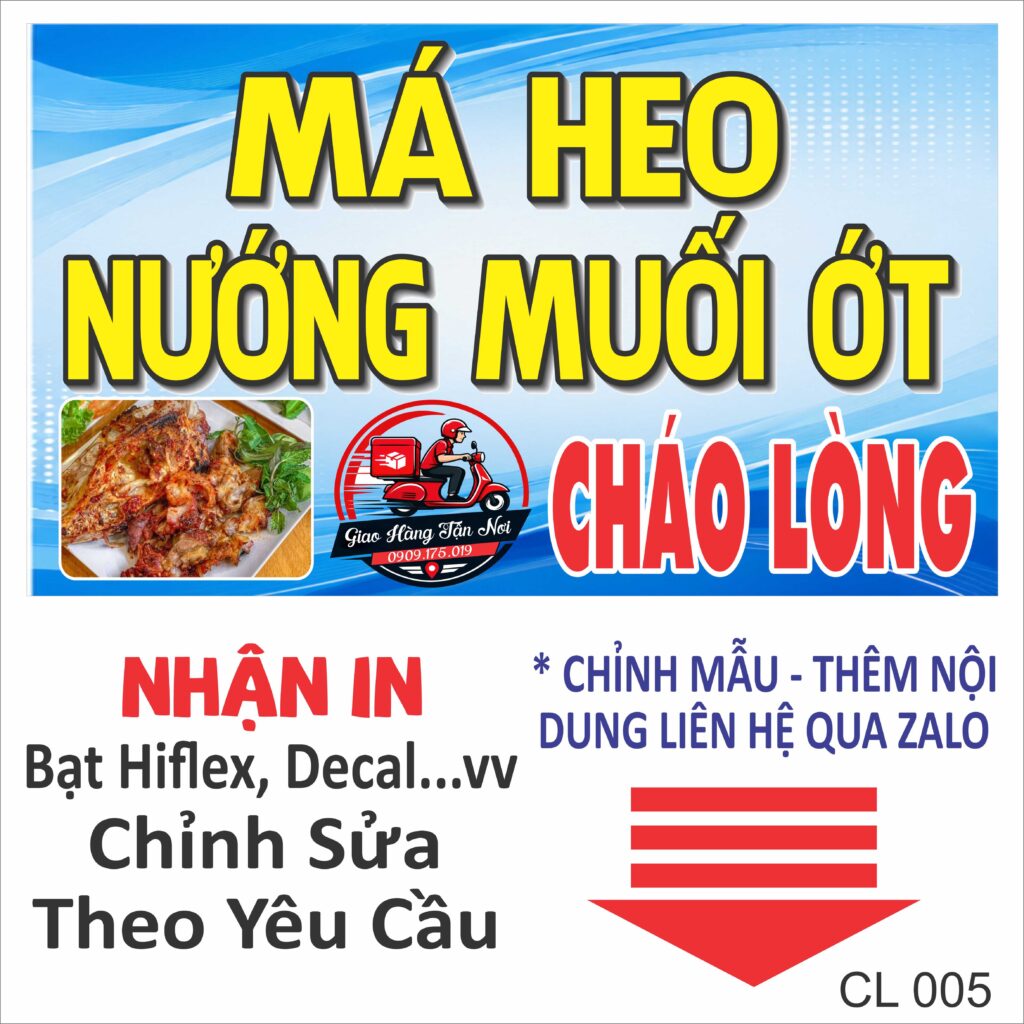 Bảng hiệu má heo nướng muối ớt đẹp, thiết kế nổi bật với hình ảnh món ăn hấp dẫn. Nhận thiết kế, in bạt Hiflex, decal và thi công bảng hiệu quán ăn theo yêu cầu.