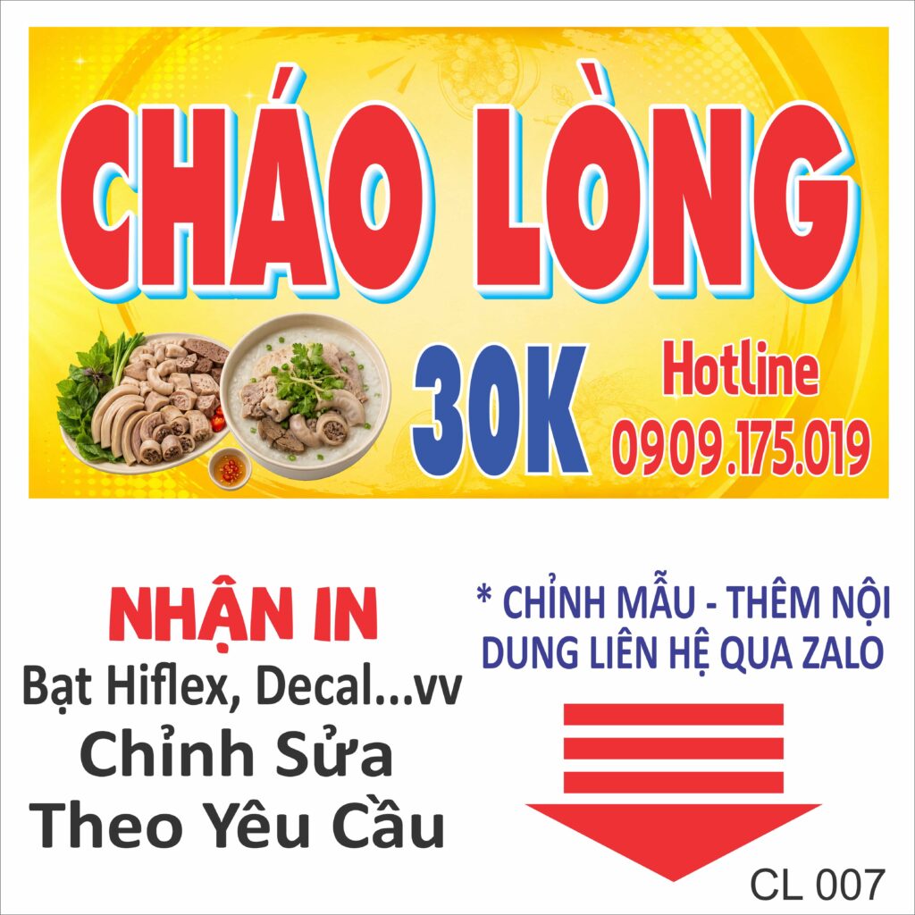 Bảng hiệu cháo lòng 30K đẹp, thiết kế nổi bật với chữ lớn dễ nhìn từ xa. Nhận thiết kế, in bạt Hiflex, decal và thi công bảng hiệu quán ăn theo yêu cầu.