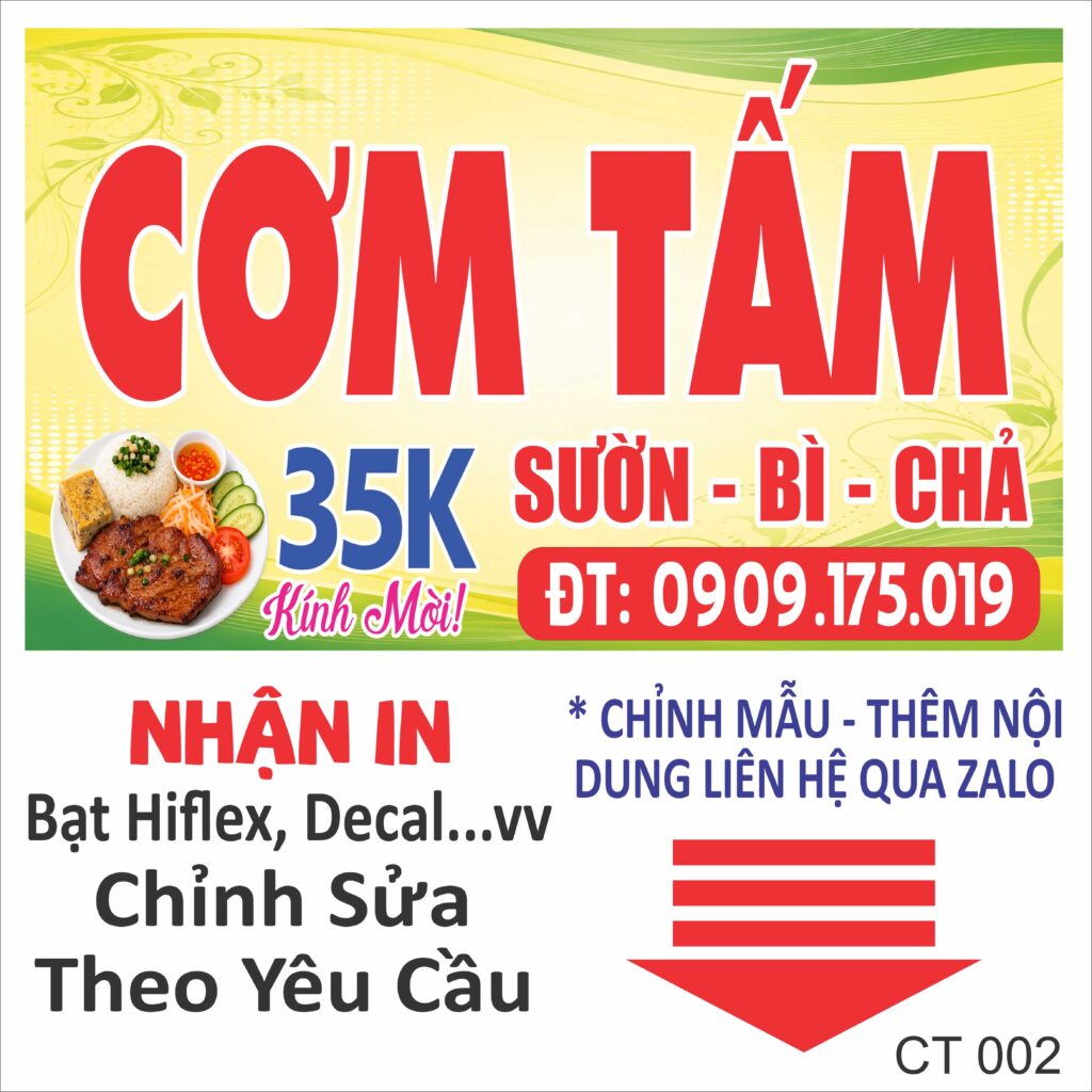 Bảng hiệu quán cơm tấm đẹp màu đỏ vàng, thiết kế nổi bật thu hút khách hàng