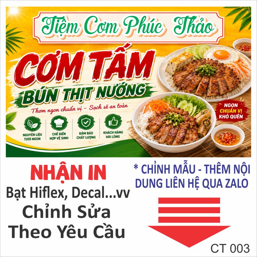 Bảng hiệu cơm tấm bún thịt nướng đẹp, thiết kế nổi bật cho quán ăn và nhà hàng