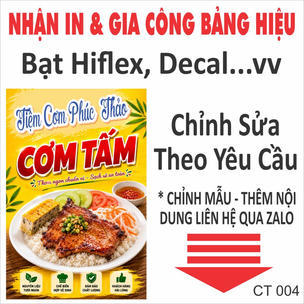 Bảng hiệu cơm tấm đẹp màu vàng nổi bật, thiết kế chuyên nghiệp cho quán ăn