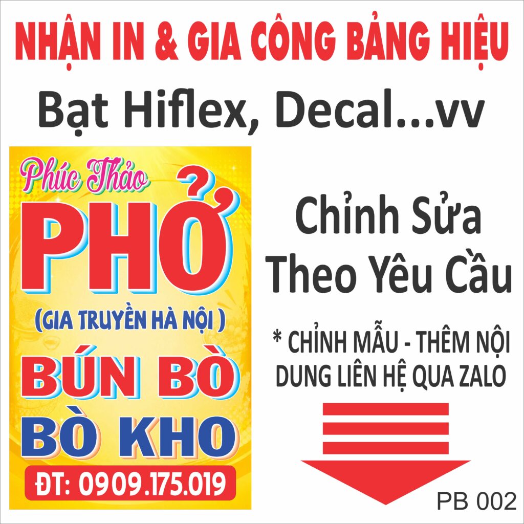 Bảng hiệu phở bò bún bò thiết kế theo yêu cầu, in bạt Hiflex chất lượng cao