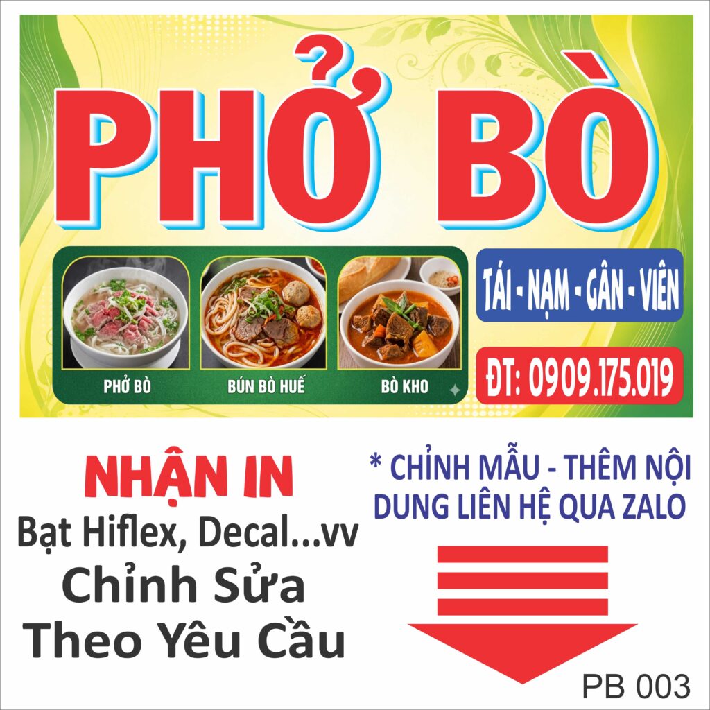 Bảng hiệu phở bò giá rẻ thiết kế theo yêu cầu, in bạt Hiflex sắc nét