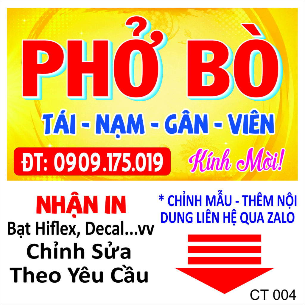Bảng hiệu phở bò tái nạm gân viên in bạt Hiflex thiết kế theo yêu cầu