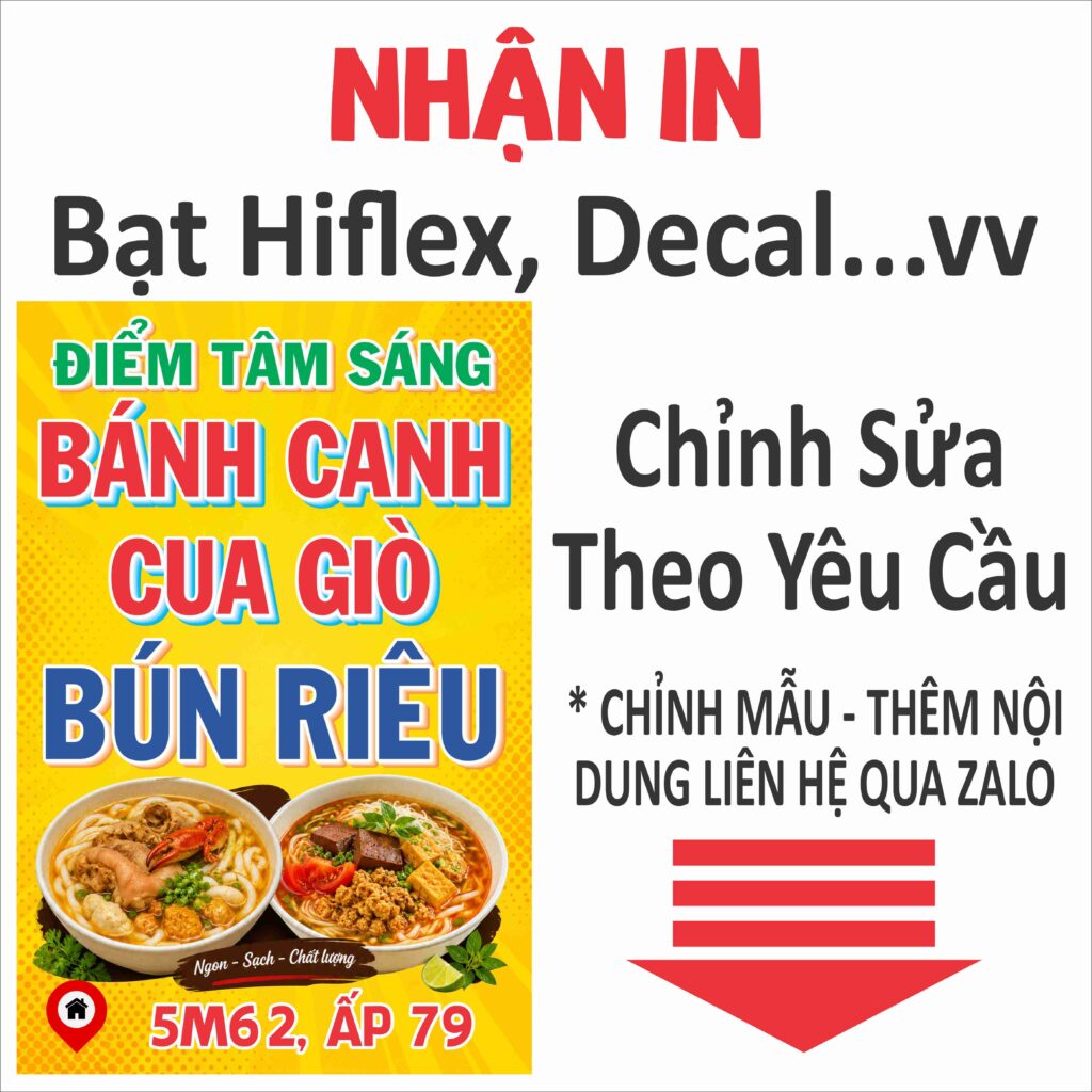 Bảng hiệu điểm tâm sáng in bạt Hiflex hoặc decal PP, thiết kế theo yêu cầu. Nội dung: Bánh canh cua giò, bún riêu. Màu sắc nổi bật, in sắc nét, phù hợp quán ăn, quán điểm tâm.