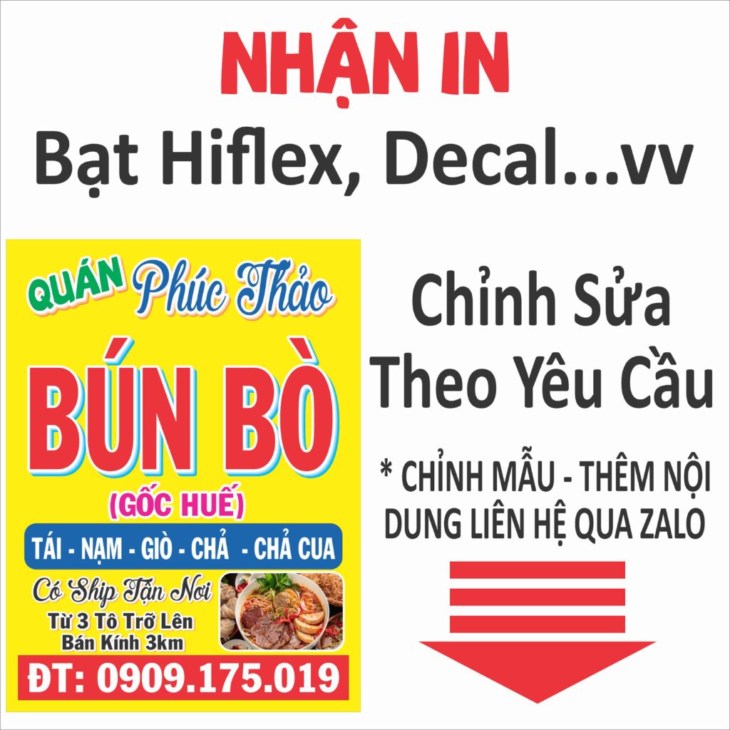 In bạt quảng cáo bún bò gốc Huế theo yêu cầu. Thiết kế miễn phí, in bạt Hiflex và decal PP chất lượng cao, màu sắc đẹp, phù hợp quán bún bò, quán ăn sáng.