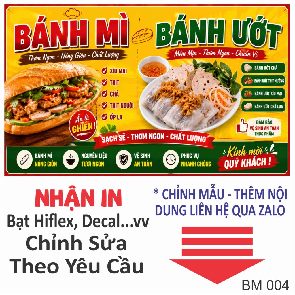 Mẫu decal dán tủ bánh mì và bánh ướt đẹp, thiết kế theo yêu cầu. In decal PP cán màng chống nước, màu sắc sắc nét, phù hợp tủ bán hàng và xe bánh mì.