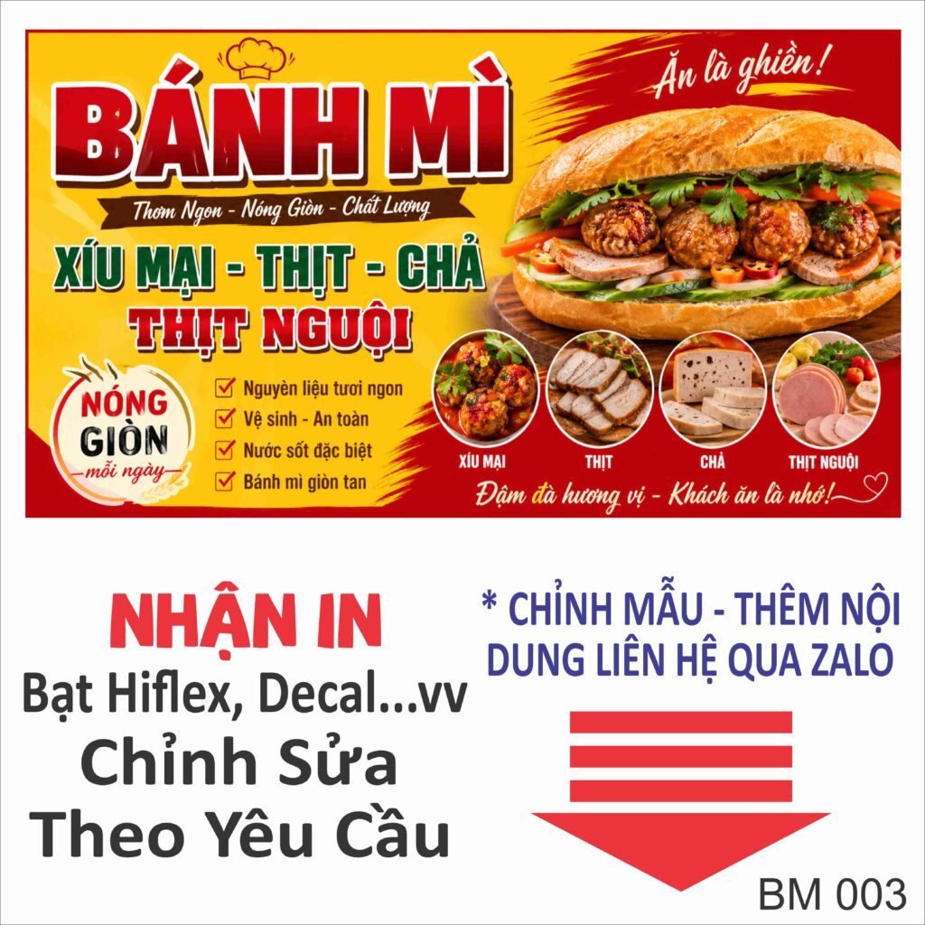 Mẫu decal dán tủ bánh mì xíu mại, thịt, chả, thịt nguội đẹp. Thiết kế theo yêu cầu, in decal PP cán màng bền màu, chống nước, phù hợp xe và tủ bán bánh mì.