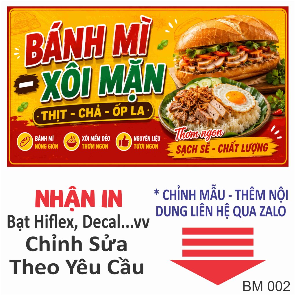 Mẫu decal dán xe bánh mì xôi mặn đẹp, nhận thiết kế theo yêu cầu. In decal PP cán màng bền màu, chống nước, phù hợp xe bán hàng lưu động.