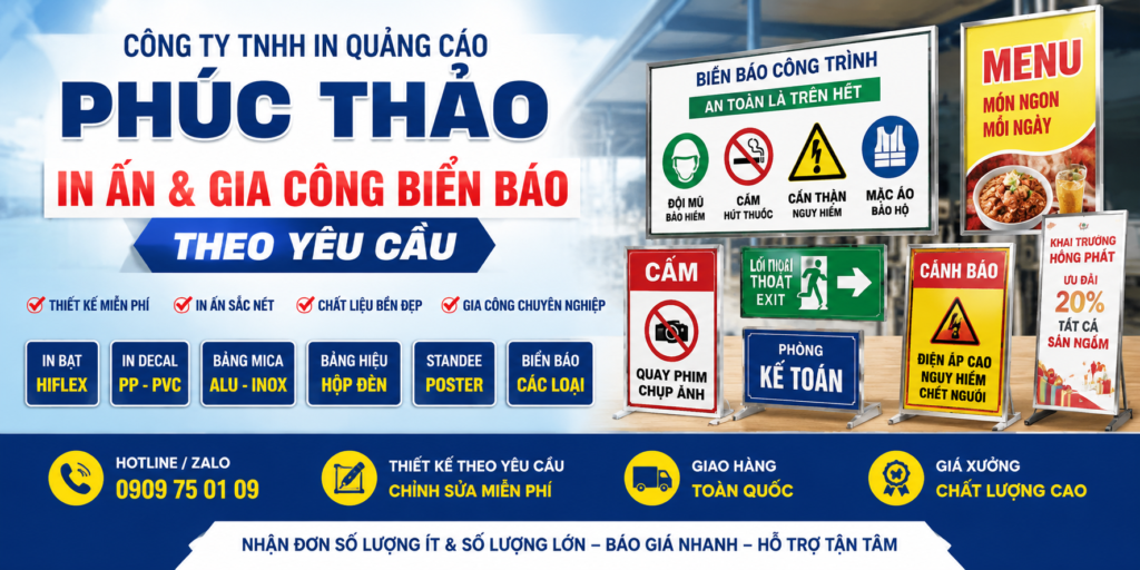 Ảnh bìa giới thiệu dịch vụ in biển báo theo yêu cầu của Công Ty TNHH In Quảng Cáo Phúc Thảo. Nhận in bạt Hiflex, decal, PP, mica, alu, biển báo công trình, biển cấm, biển chỉ dẫn, bảng hiệu quảng cáo và gia công theo yêu cầu.