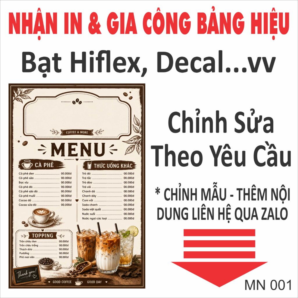 Mẫu thiết kế menu quán cà phê trà sữa in bạt hiflex decal theo yêu cầu